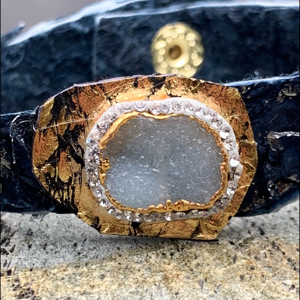 Matana Navy Blue leather and druzy pave bracelet